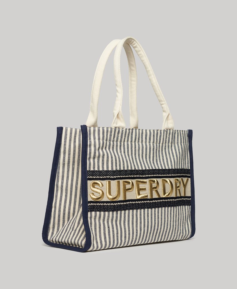 luxe draagtas met marineblauwe strepen