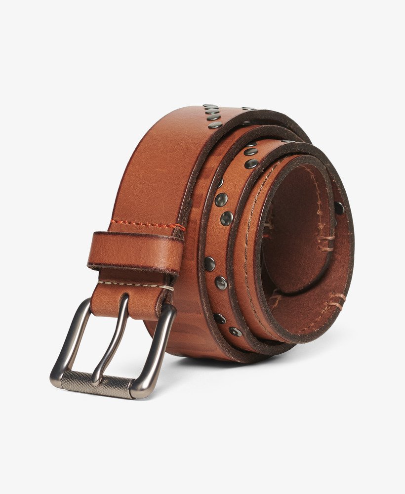 riem van branded buckle goods in de kleur tan.