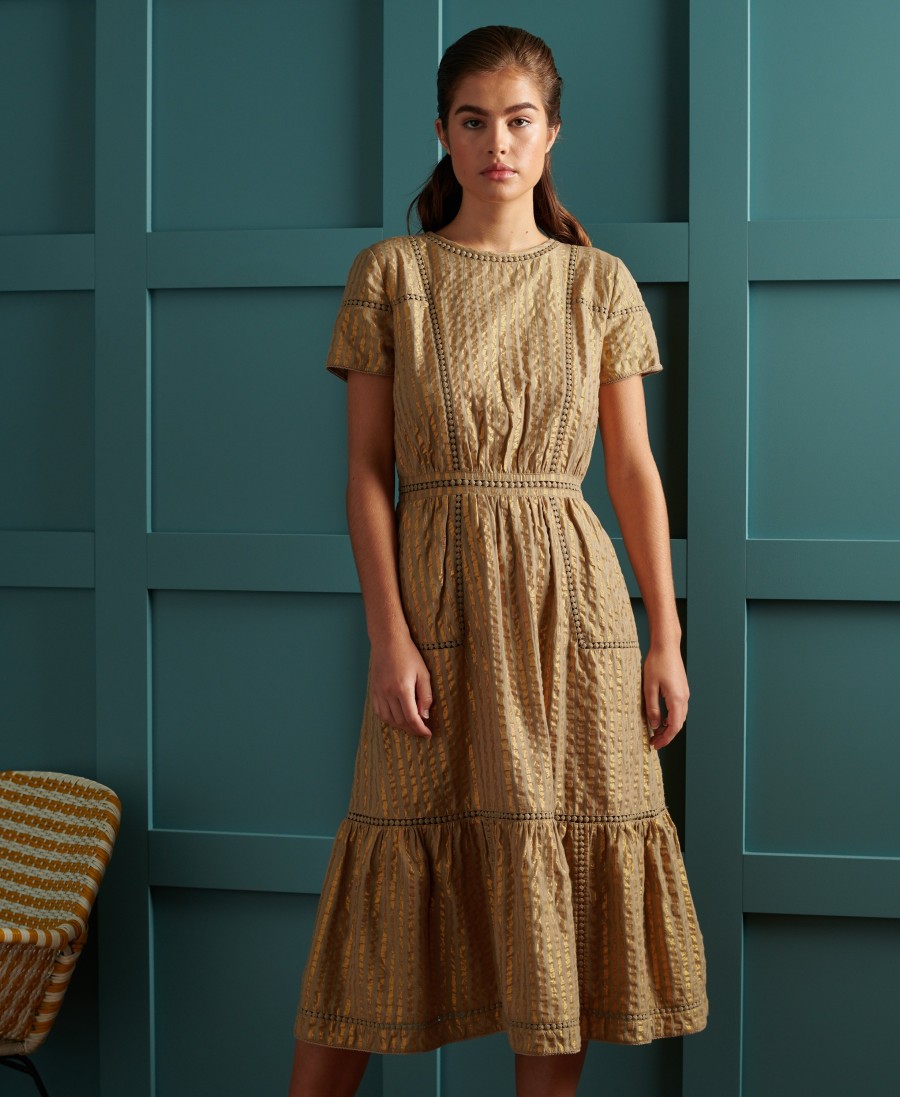 limited edition dry metallic midi-jurk in goud metallic