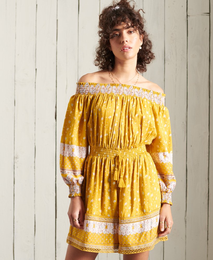 ameera off the shoulder playsuit in oker