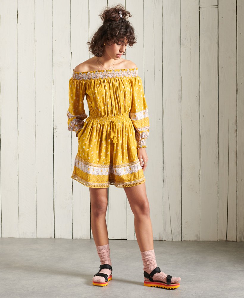 ameera off the shoulder playsuit in oker