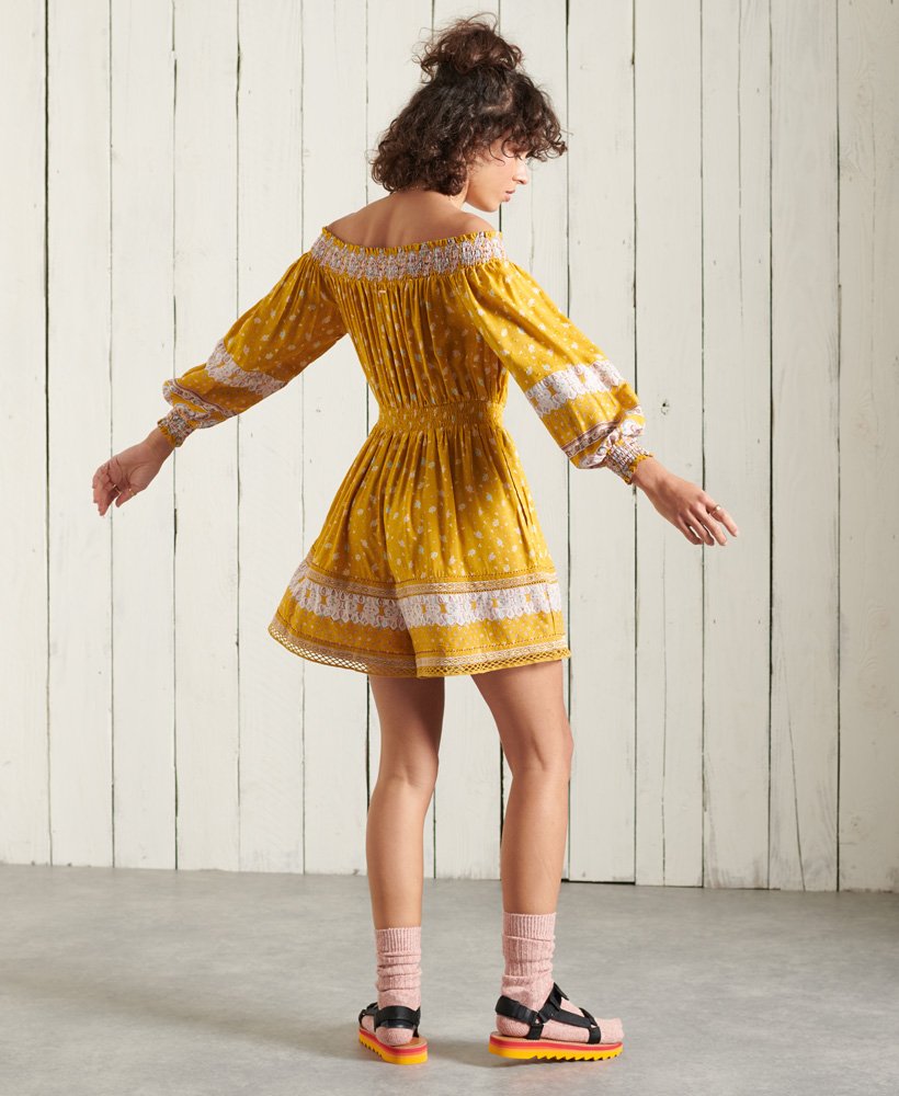 ameera off the shoulder playsuit in oker