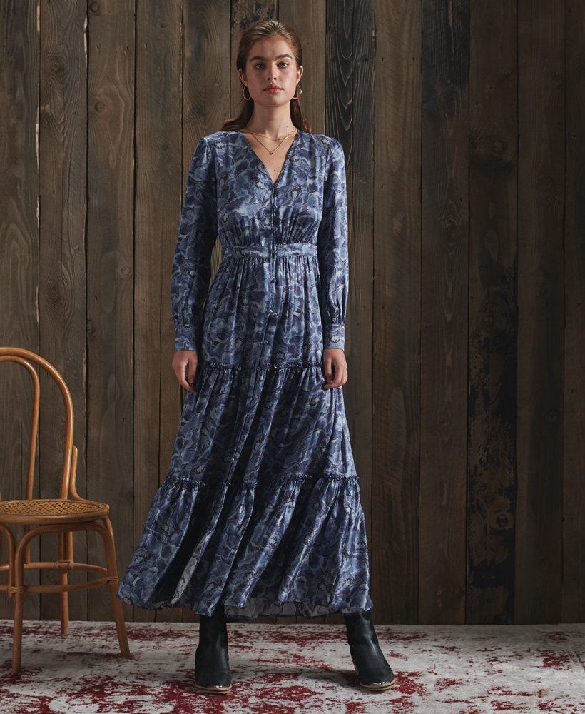 limited edition dry printed zijden jurk met blauwe bloemenprint