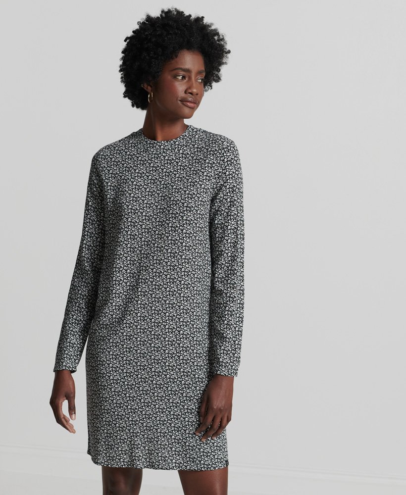 mini-jurk met lange mouwen en geweven print in londense bloemenprint zwart