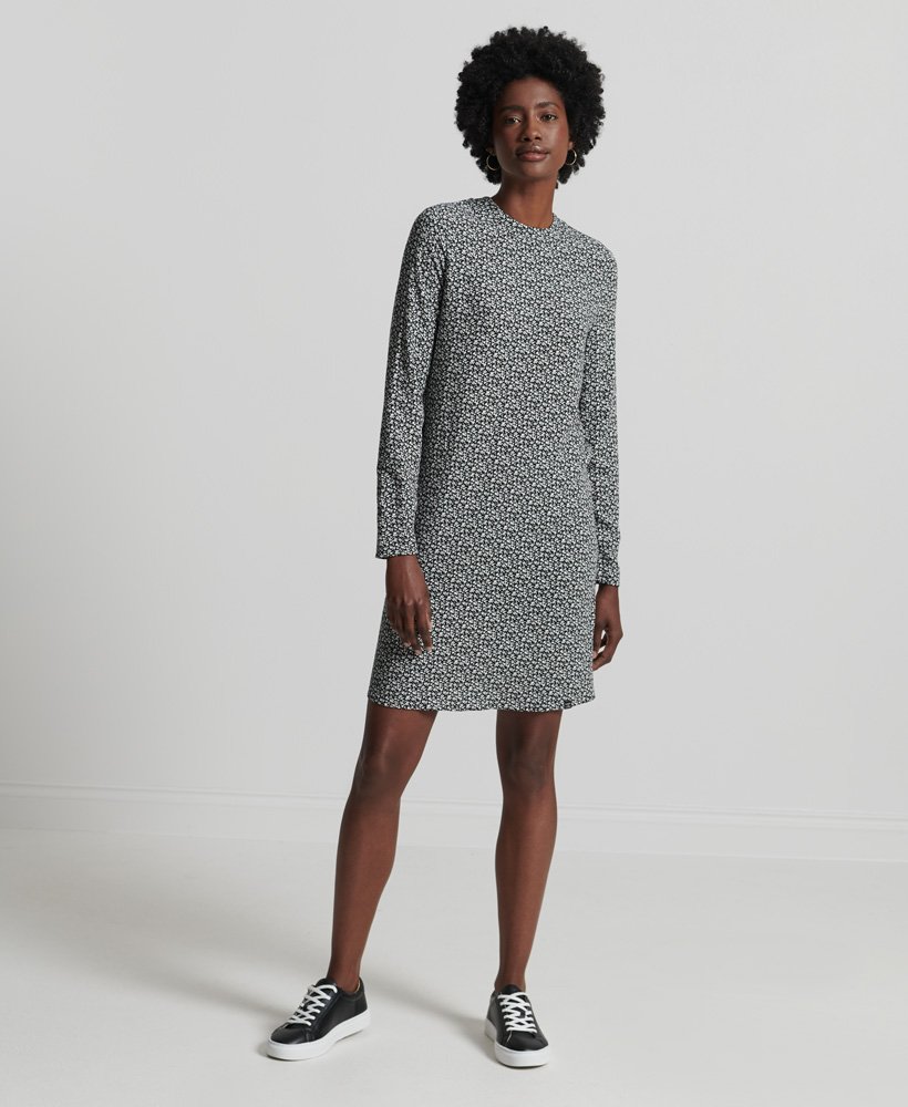 mini-jurk met lange mouwen en geweven print in londense bloemenprint zwart