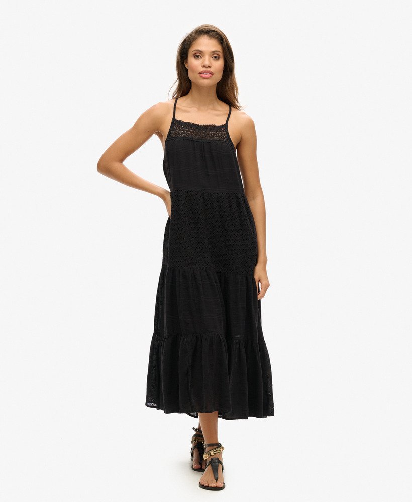 vintage kanten cami maxi-jurk in zwart