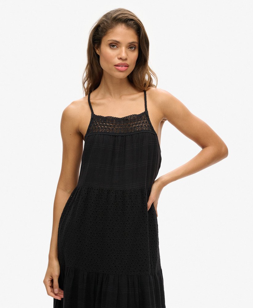 vintage kanten cami maxi-jurk in zwart