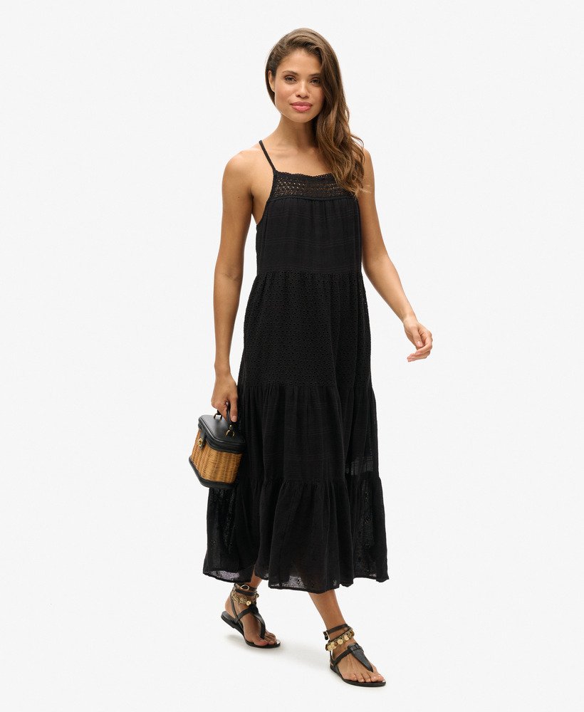 vintage kanten cami maxi-jurk in zwart
