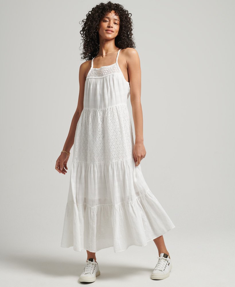 vintage kanten maxi-jurk in stralend wit