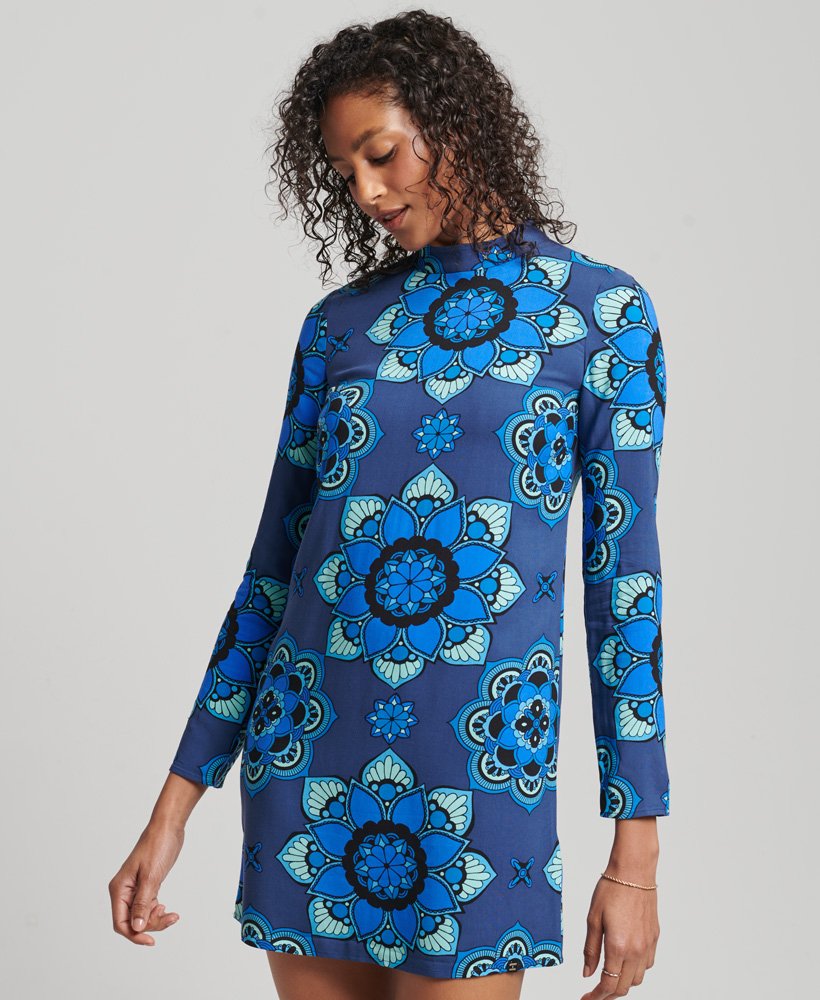mini-jurk met lange mouwen en print in psychedelisch blauw
