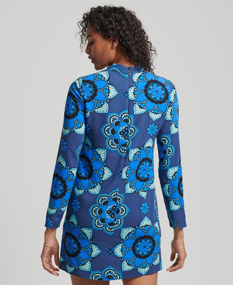 mini-jurk met lange mouwen en print in psychedelisch blauw