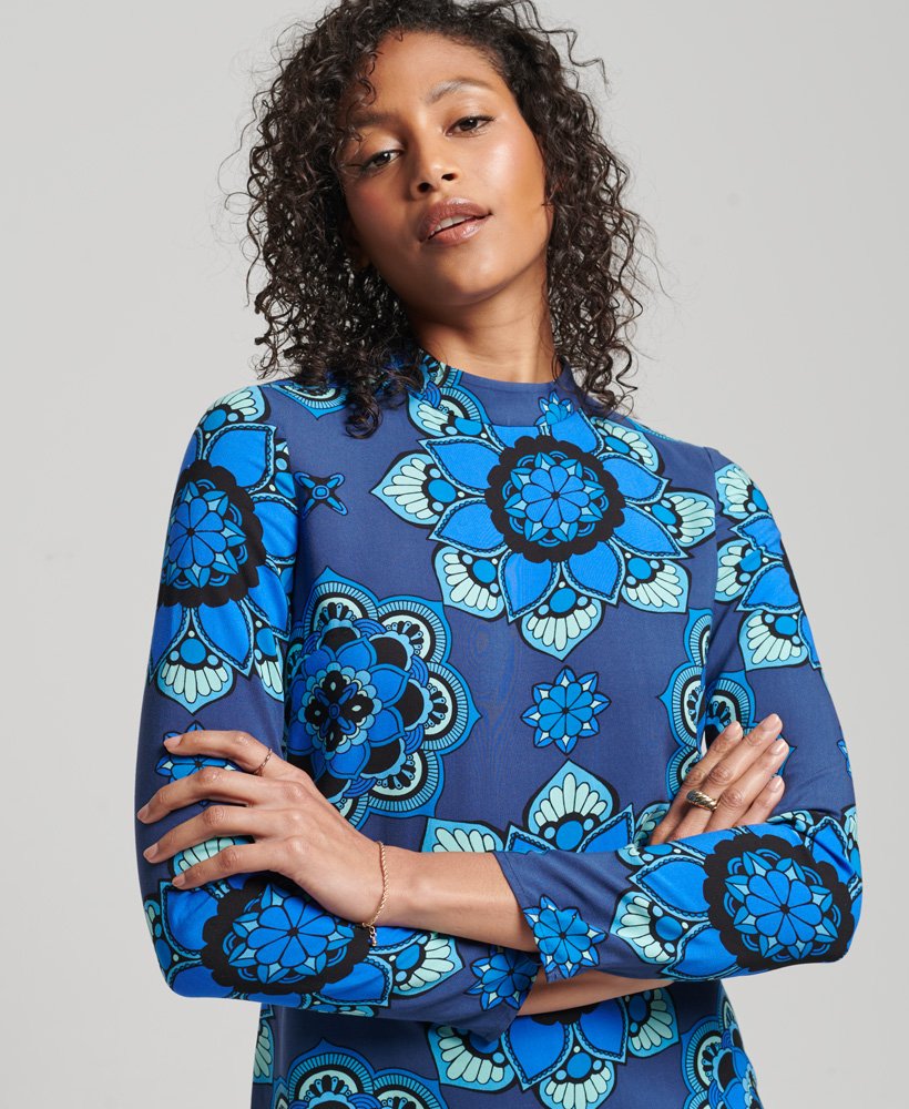 mini-jurk met lange mouwen en print in psychedelisch blauw