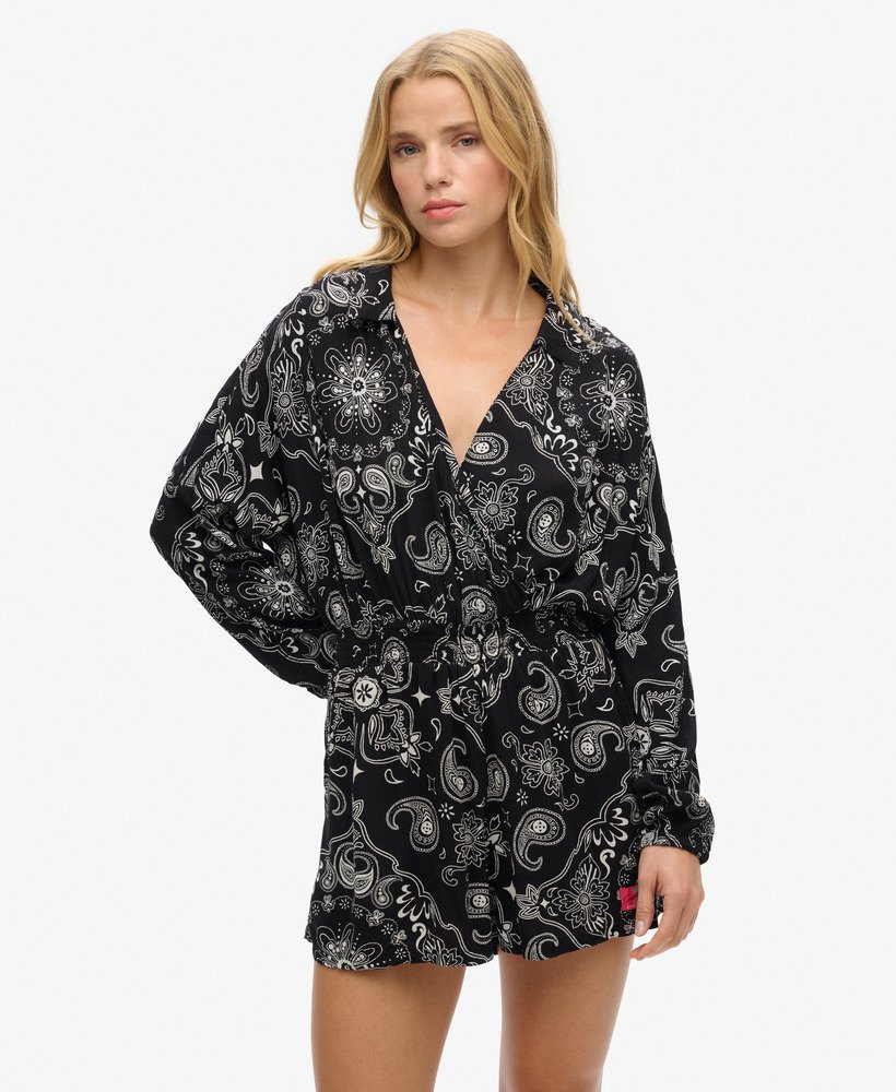 vintage strandjumpsuit met zwarte bandana aop