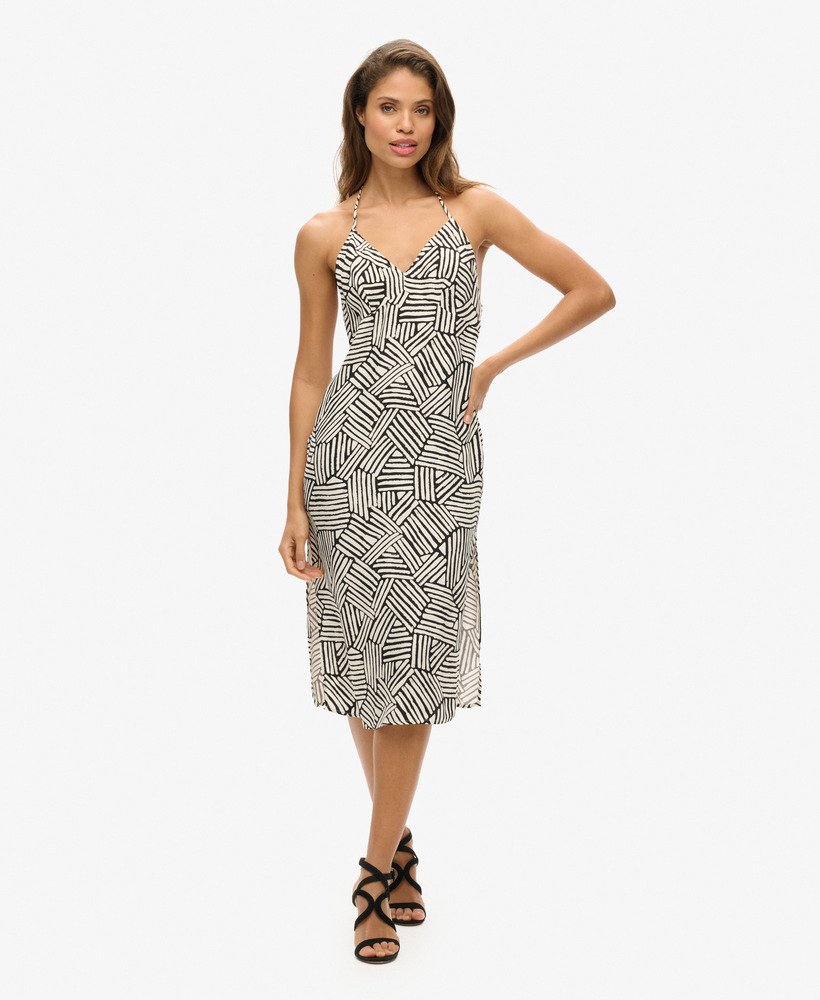 bedrukte midi slipjurk met lineaire monochrome print.