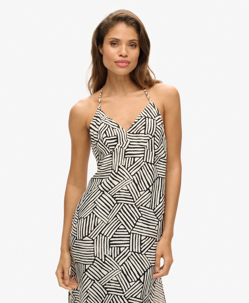 bedrukte midi slipjurk met lineaire monochrome print.
