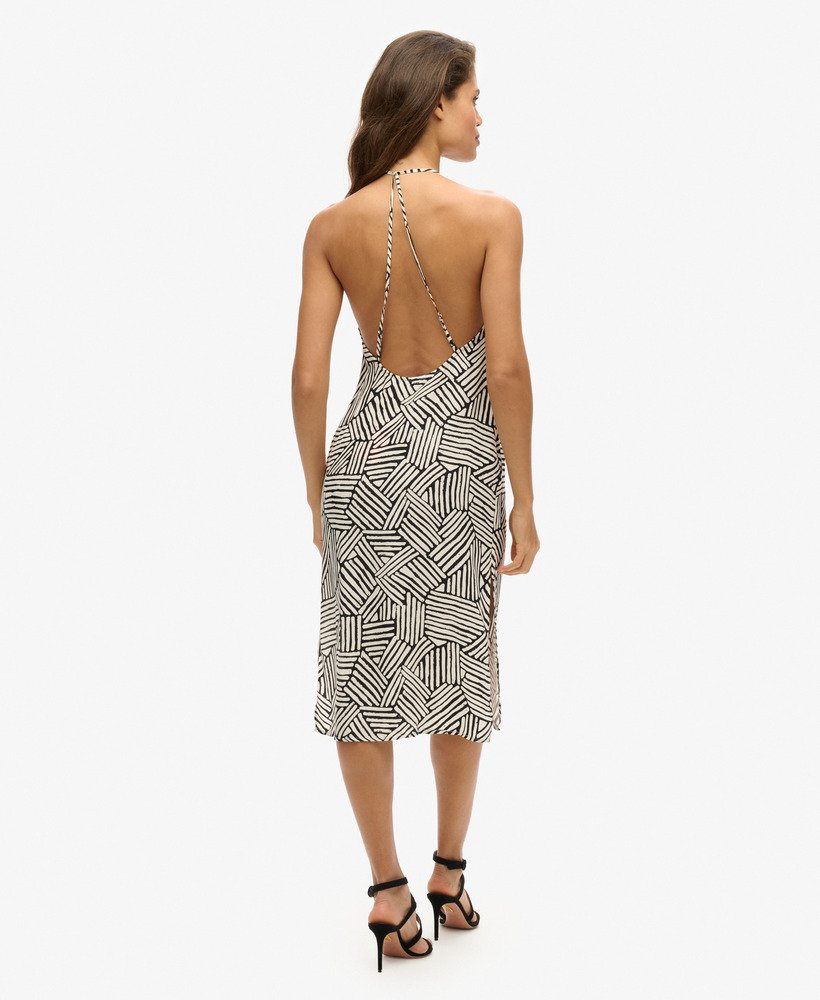 bedrukte midi slipjurk met lineaire monochrome print.