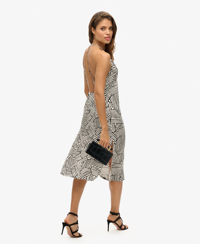 bedrukte midi slipjurk met lineaire monochrome print.