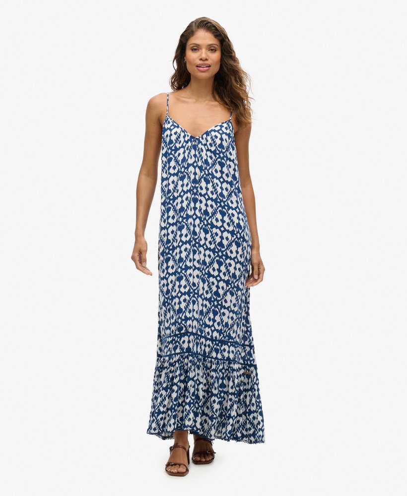 lange cami-jurk in arrow ikat-blauw