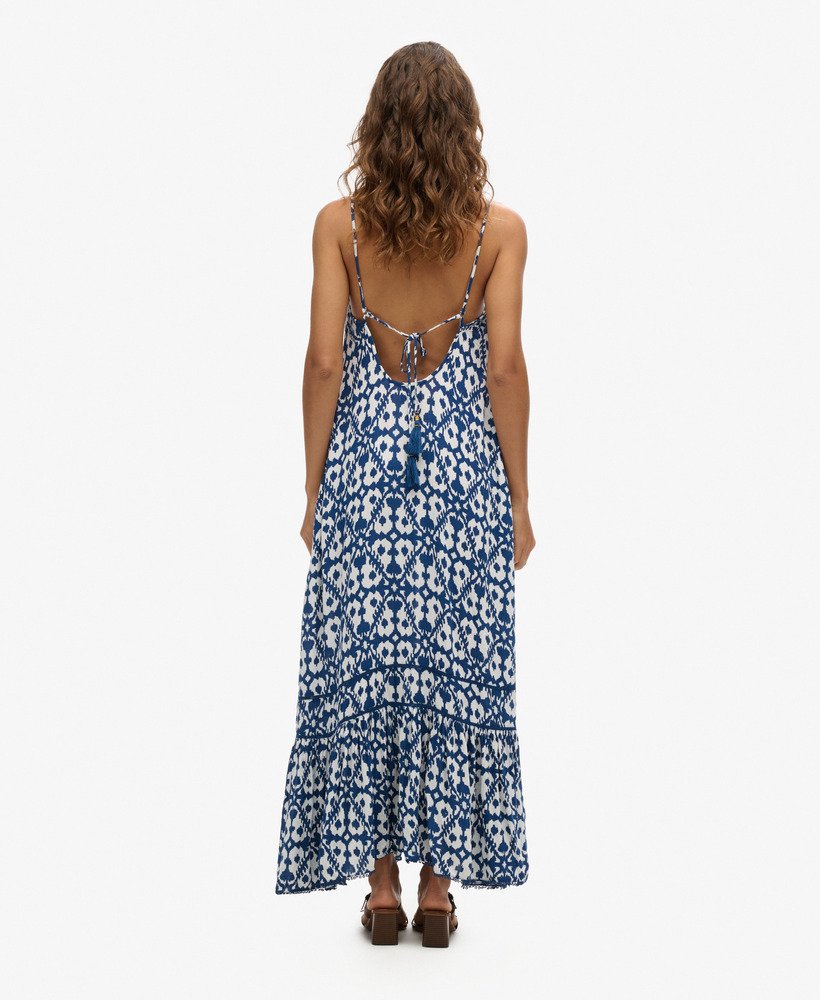 lange cami-jurk in arrow ikat-blauw