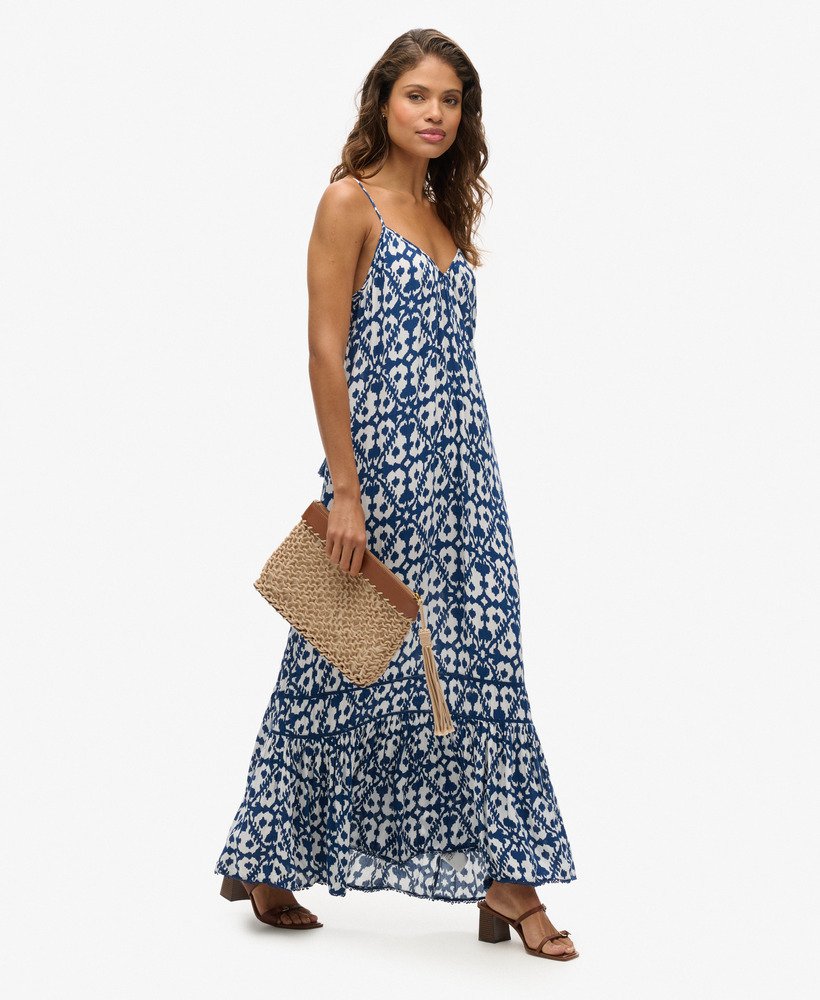 lange cami-jurk in arrow ikat-blauw
