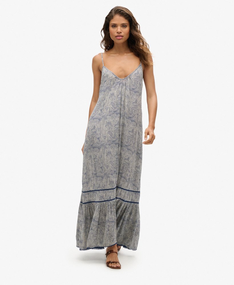 lange cami-jurk in doolhofprint marineblauw