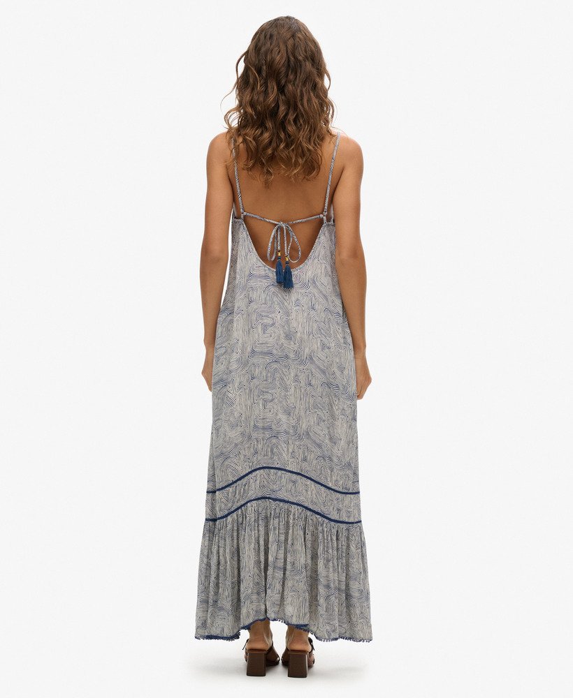 lange cami-jurk in doolhofprint marineblauw