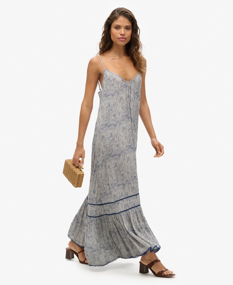lange cami-jurk in doolhofprint marineblauw
