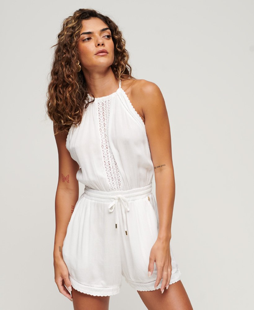 playsuit met halternek in gebroken wit.