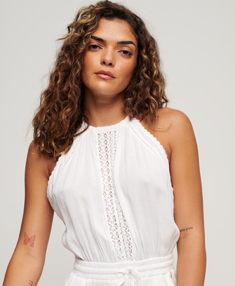playsuit met halternek in gebroken wit.