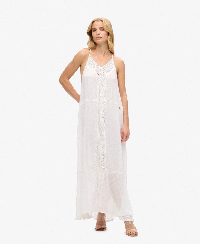 maxi-jurk met kanten afwerking in gebroken wit