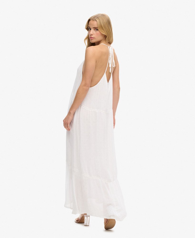 maxi-jurk met kanten afwerking in gebroken wit