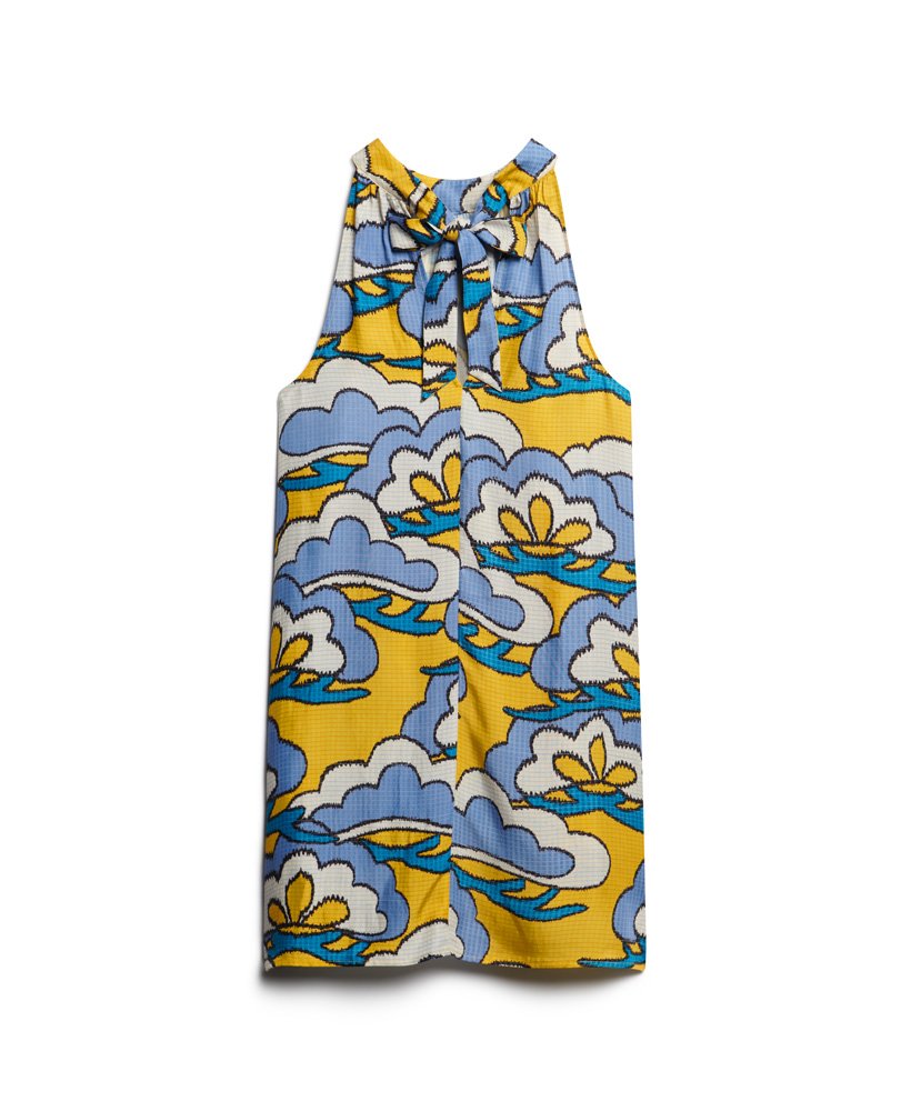 mouwloze mini-jurk met hoge hals in wolkgeel met bloemenprint