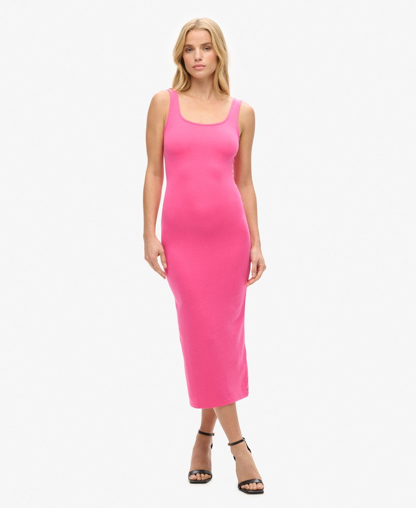 jersey midi-jurk met vierkante hals in roze frambozensorbet.