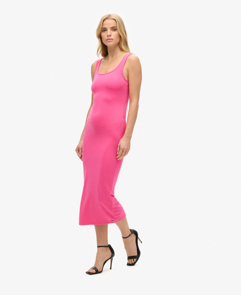 jersey midi-jurk met vierkante hals in roze frambozensorbet.