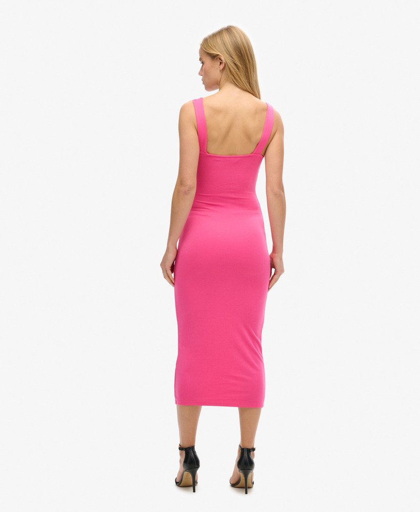 jersey midi-jurk met vierkante hals in roze frambozensorbet.