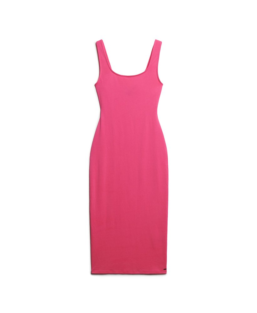 jersey midi-jurk met vierkante hals in roze frambozensorbet.