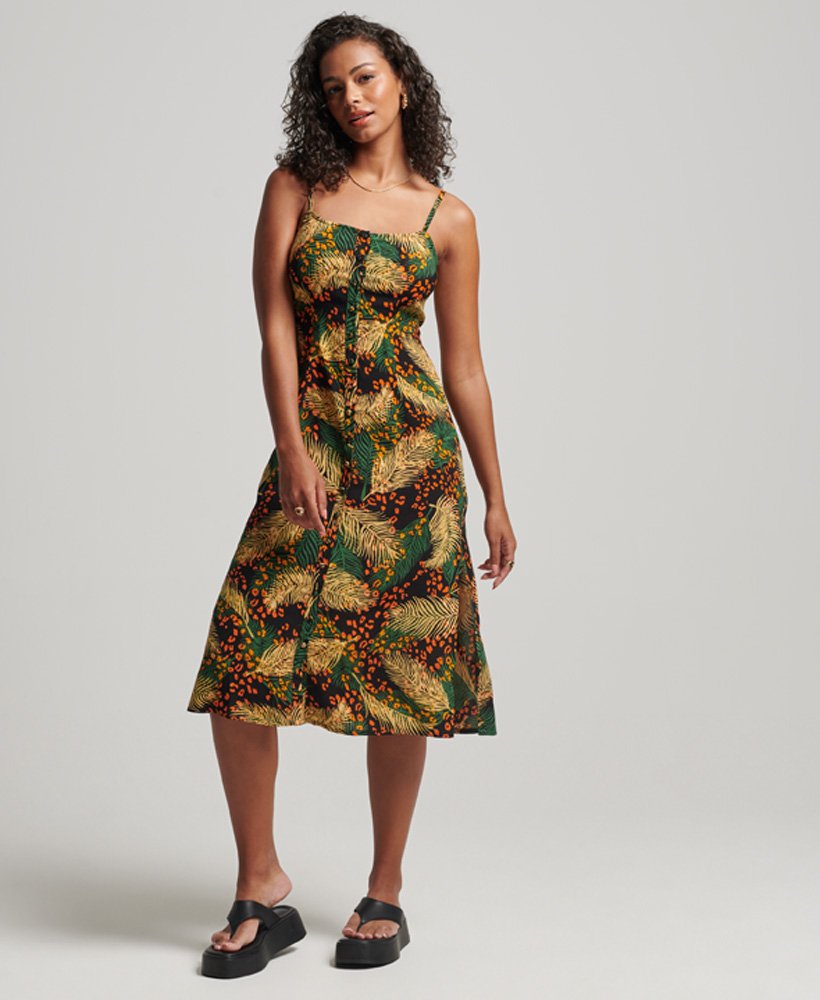 bedrukte cami-midi-jurk met knoopsluiting in palmbladgoud.