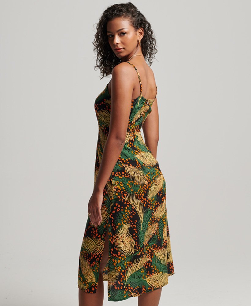 bedrukte cami-midi-jurk met knoopsluiting in palmbladgoud.