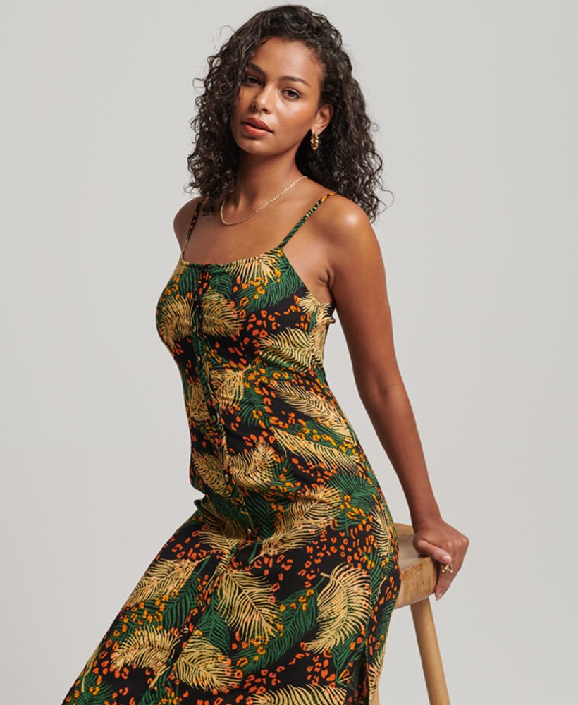 bedrukte cami-midi-jurk met knoopsluiting in palmbladgoud.