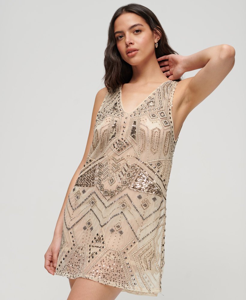 versierde mini-jurk met v-hals in urban cream