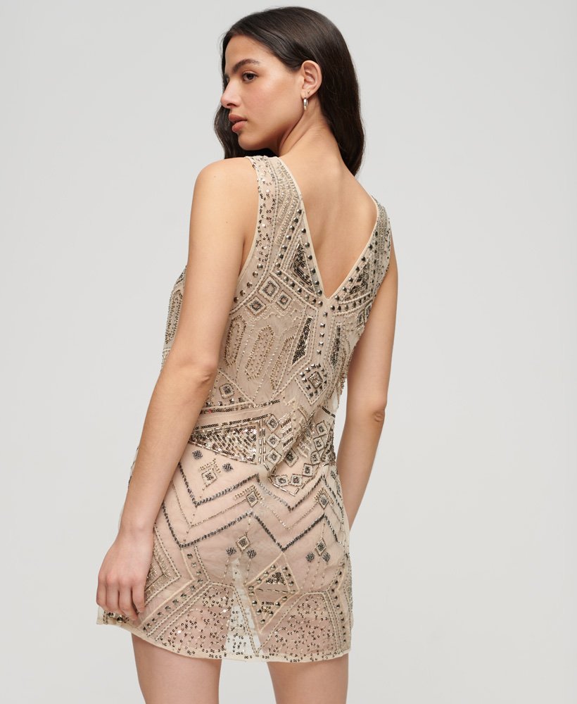 versierde mini-jurk met v-hals in urban cream