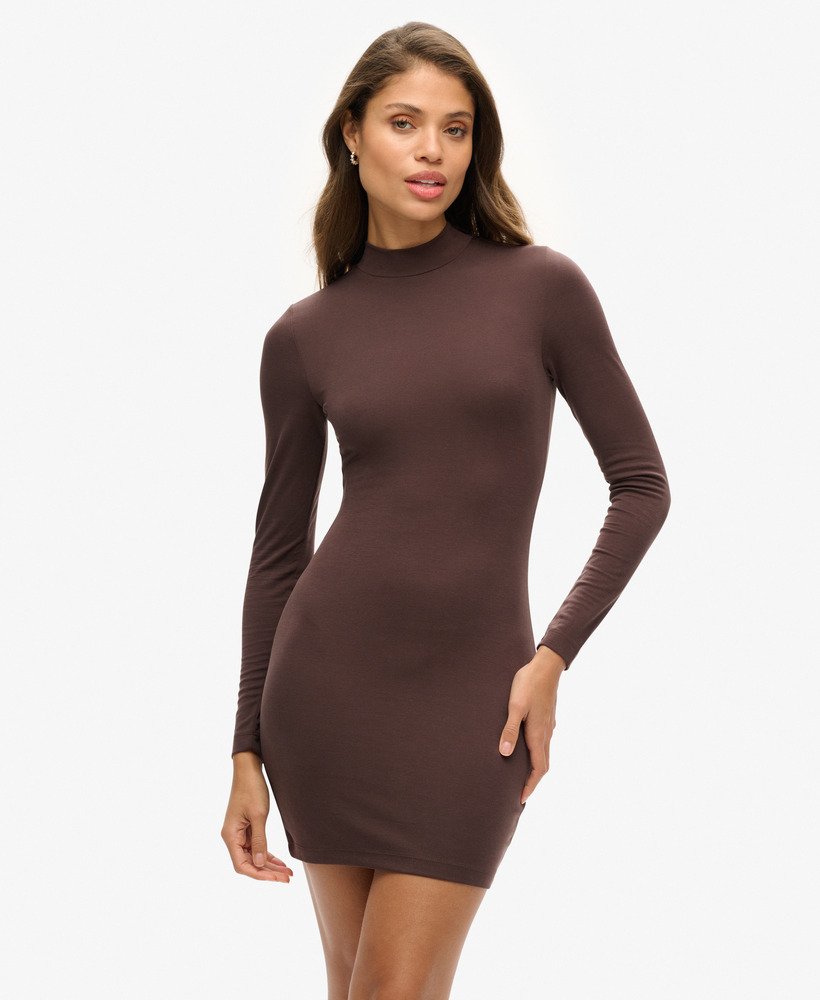 mini-jurk met hoge hals en lange mouwen van jersey in paarsbruin.