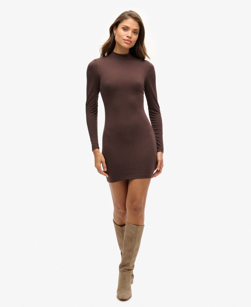 mini-jurk met hoge hals en lange mouwen van jersey in paarsbruin.