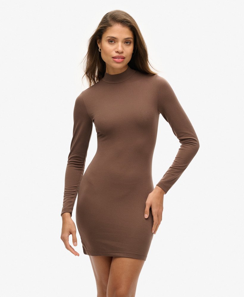 mini-jurk met hoge hals en lange mouwen van jersey in de kleur bracken brown.
