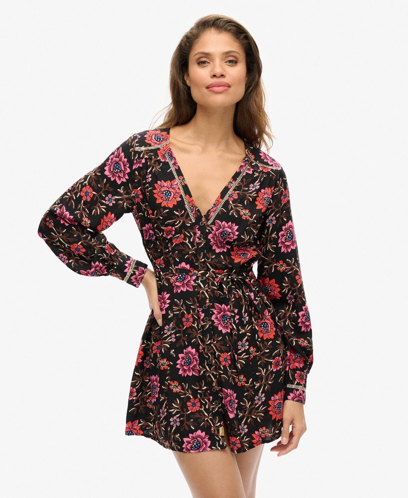 bedrukte mini-jurk met v-hals in mori floral brown