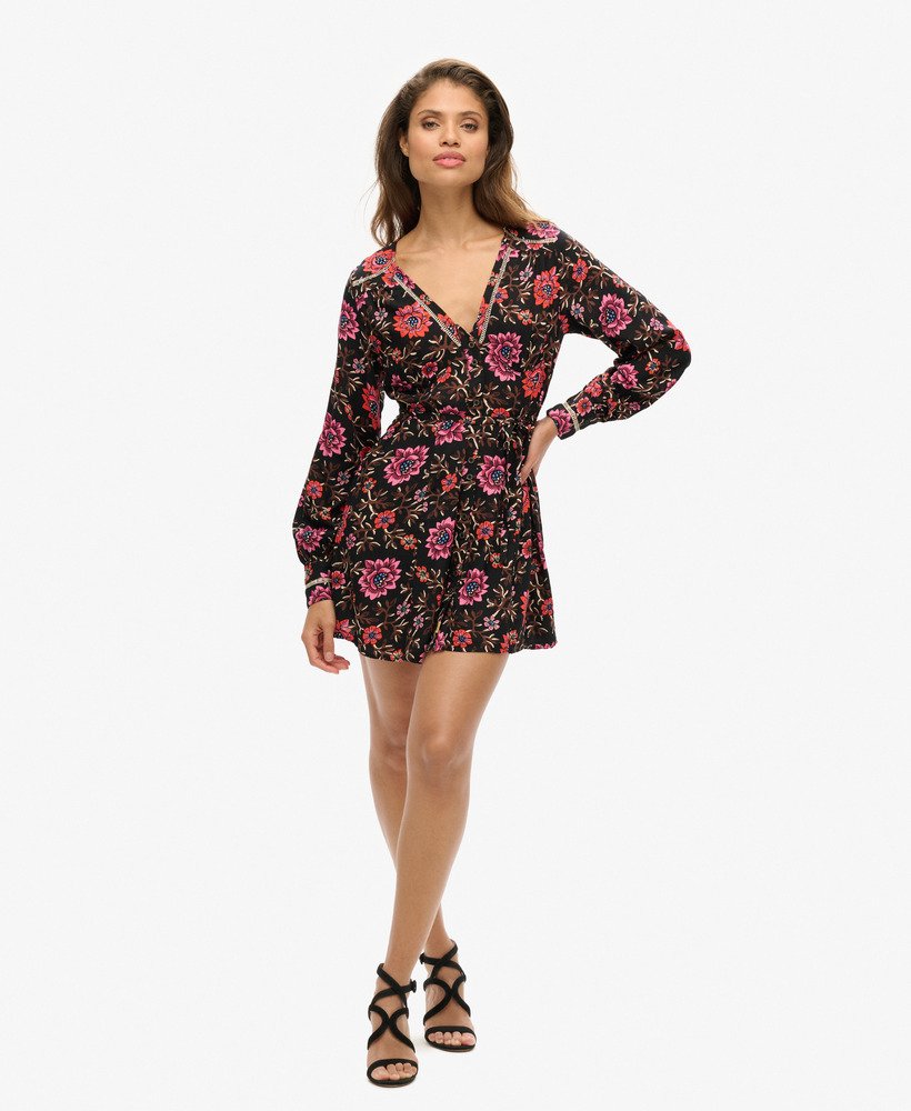 bedrukte mini-jurk met v-hals in mori floral brown