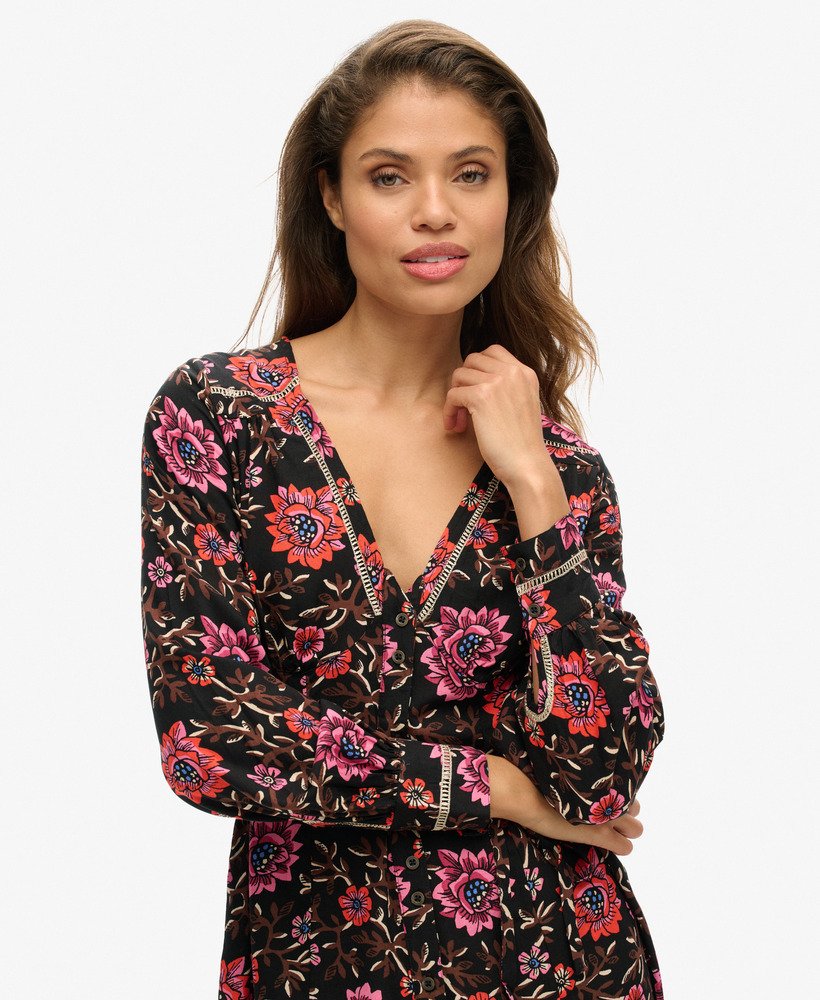 bedrukte mini-jurk met v-hals in mori floral brown