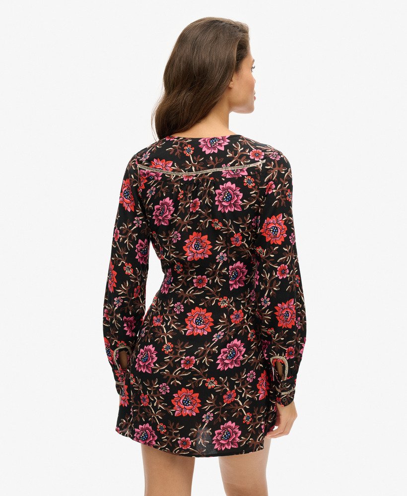 bedrukte mini-jurk met v-hals in mori floral brown