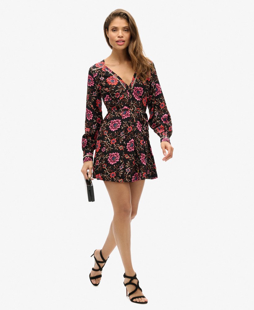 bedrukte mini-jurk met v-hals in mori floral brown