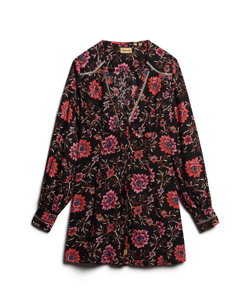 bedrukte mini-jurk met v-hals in mori floral brown